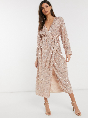 Asos Edition Wrap Midi Dress In Disc Sequin