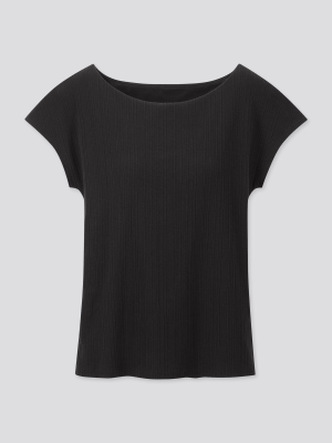 Women Ribbed Boat Neck French Sleeve T-shirt Bra Top