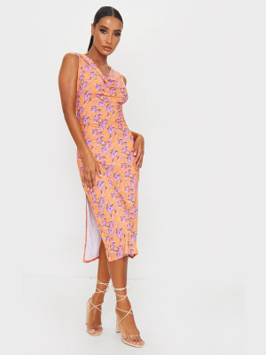 Pink Floral Cowl Neck Slip Midi Dress