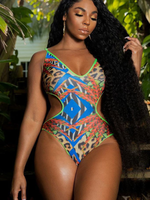 African Pattern Cutout Monokini One Piece Swimsuit