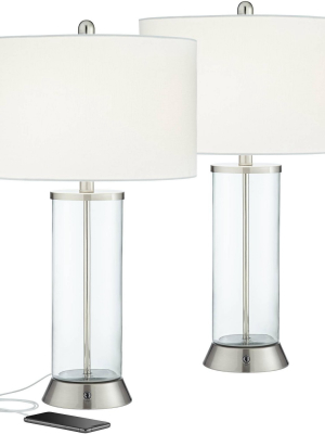 360 Lighting Modern Table Lamps Set Of 2 Led With Usb And Ac Power Outlet Dimmable Clear Glass Column White Drum Shade Living Room