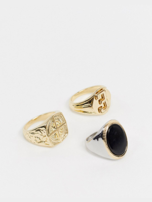 Asos Design Ring Pack With Black Onyx Stone And Varsity Design In Silver And Gold Tone