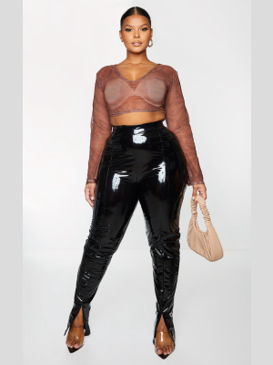 Plus Brown V Neck Mesh Crop Top