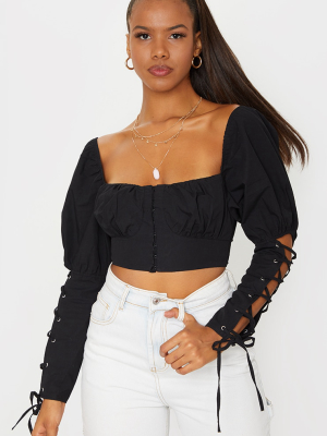 Black Woven Square Neck Lace Up Sleeve Detail...