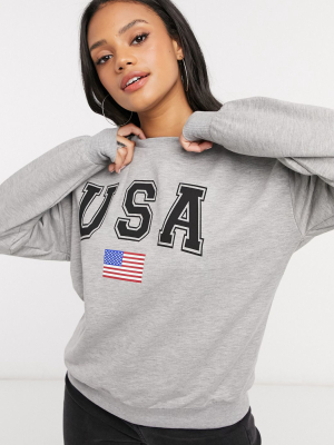 Asos Design Sweatshirt With Usa Print In Gray Marl
