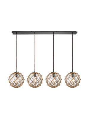 Coastal Inlet 4-light Linear Pendant Fixture In Oiled Bronze With Rope And Clear Glass