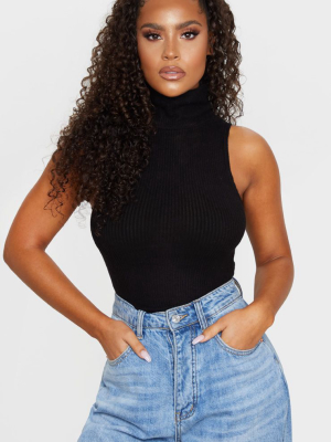 Black Brushed Rib Sleeveless Roll Neck Bodysuit