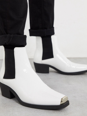 Asos Design Stacked Heel Western Chelsea Boots In White Patent With Metal Hardware