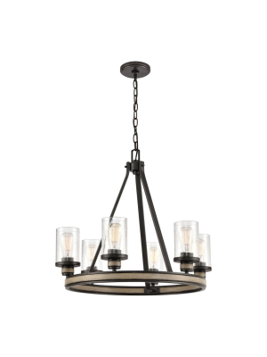 Beaufort 6-light Chandelier In Anvil Iron And Distressed Antique Gray Wood With Seedy Glass