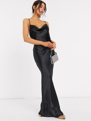 Asos Design Cami Maxi Slip Dress In High Shine Satin With Lace Up Back