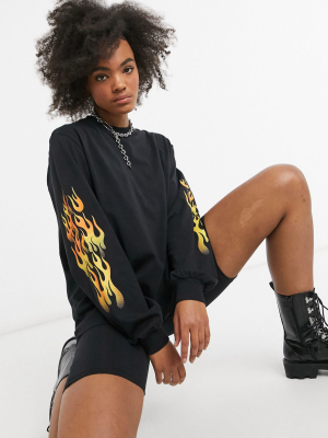 Asos Design Flame Long Sleeve Tee & Legging Short Pajama Set In Black