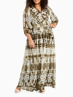 Plus Size Tie-dye V-neck 3/4 Sleeve Belted Maxi Dress