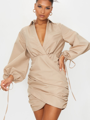 Stone Plunge Ruched Tie Cuff Shirt Bodycon Dress