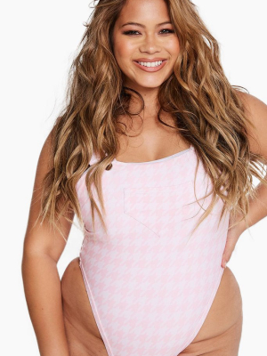 Overalls High Cut One Piece Swimsuit (curves) - Pink & White Houndstooth Print