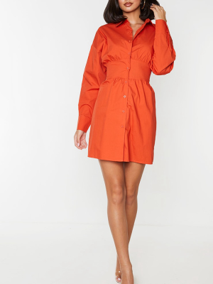 Rust Waist Binding Detail Long Sleeve Shirt Dress