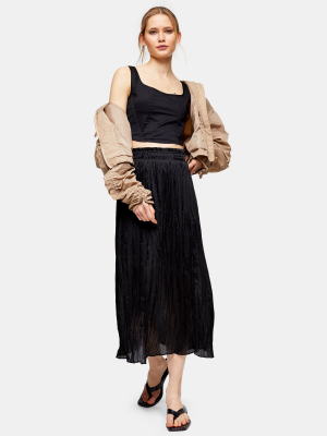 Black Pleated Crushed Satin Pleated Skirt