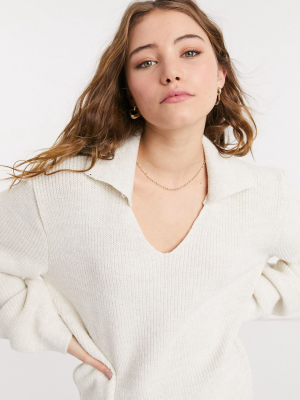 Asos Design V Neck Sweater With Collar In Cream