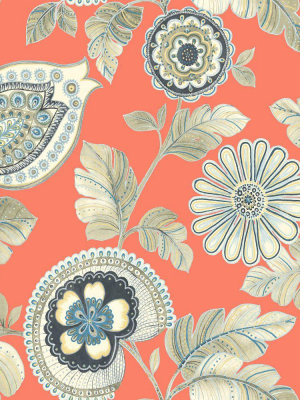 Calypso Paisley Leaf Wallpaper In Coral And Aloe From The Boho Rhapsody Collection By Seabrook Wallcoverings