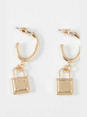 Gold Studded Padlock Small Hoop Earrings