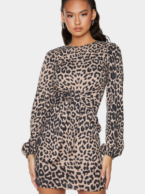 Brown Leopard Print Wrap Waist Long Sleeve...