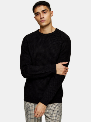 Black Waffle Raglan Knitted Sweater