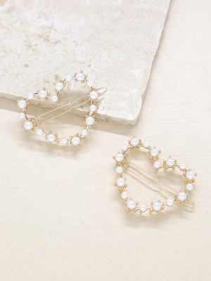 Pearl Heart Hair Barrette Set Of 2 In Gold