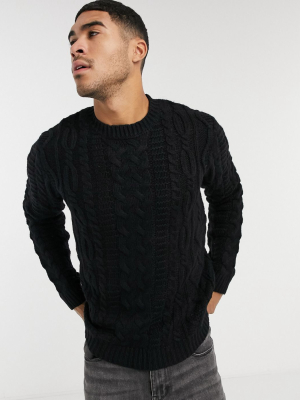 Asos Design Heavyweight Cable Knit Crew Neck Sweater In Black