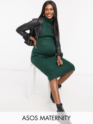 Asos Design Maternity Midi Rib Dress With Cowl Neck