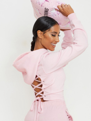 Baby Pink Lace Up Back Crop Hoodie