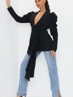 Black Woven Lapel Side Button Puff Sleeve Blazer