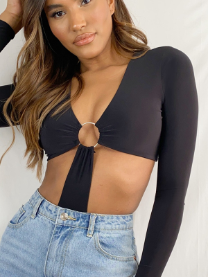 Black Slinky Plunge O Ring Cut Out Detail Bodysuit