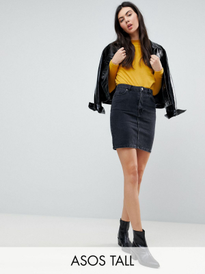 Asos Design Tall Denim Original High Waisted Skirt In Washed Black