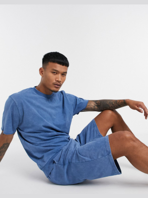 Asos Design Lounge T-shirt And Short Pajama Set In Washed Blue