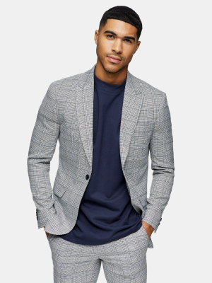 2 Piece Grey Check Skinny Fit Suit With Peak Lapels