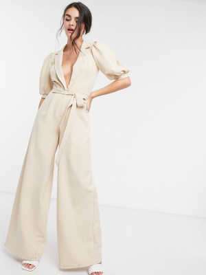 Asos Design Puff Sleeve Jumpsuit With Self Belt