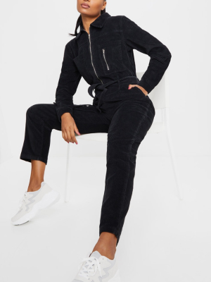 Black Oversized Cord Belted Jumpsuit