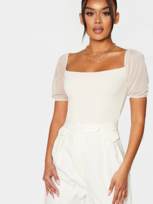 Sand Crinkle Mesh Puff Sleeve Crop Top