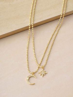 Celestial Moon And Star 18k Gold Plated Layered Necklace