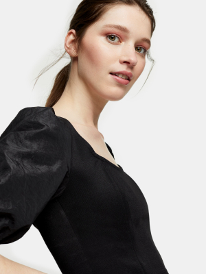 Black Taffeta Puff Sleeve Top