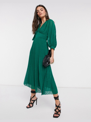 Asos Design Pleated Batwing Midi Dress In Chevron Dobby