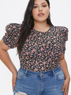 Plus Size Floral Puff-sleeve Top