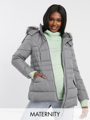 New Look Maternity Faux Fur Hooded Puffer Jacket In Gray