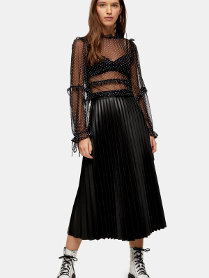 Black Faux Leather Pu Pleat Midi Skirt