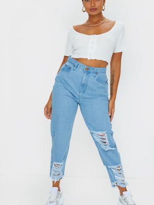 Petite Ice Blue Distressed Denim Cuff Hem Jeans