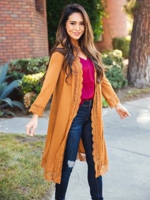 3/4 Sleeve Lace Trim Cardigan - Gold