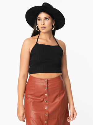 Black Ribbed Halter Crop Top