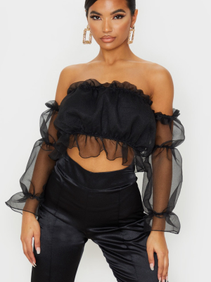 Black Organza Ruffle Bardot Flared Sleeve Blouse