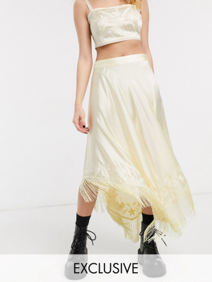 Reclaimed Vintage Inspired Satin Two-piece Skirt With Embroidery Detail In Pale Yellow