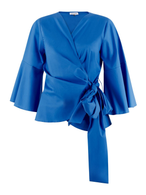 Blue Wrap Over Tie Front Blouse