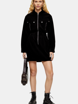 Black Corduroy Zip Through Shirt Dress